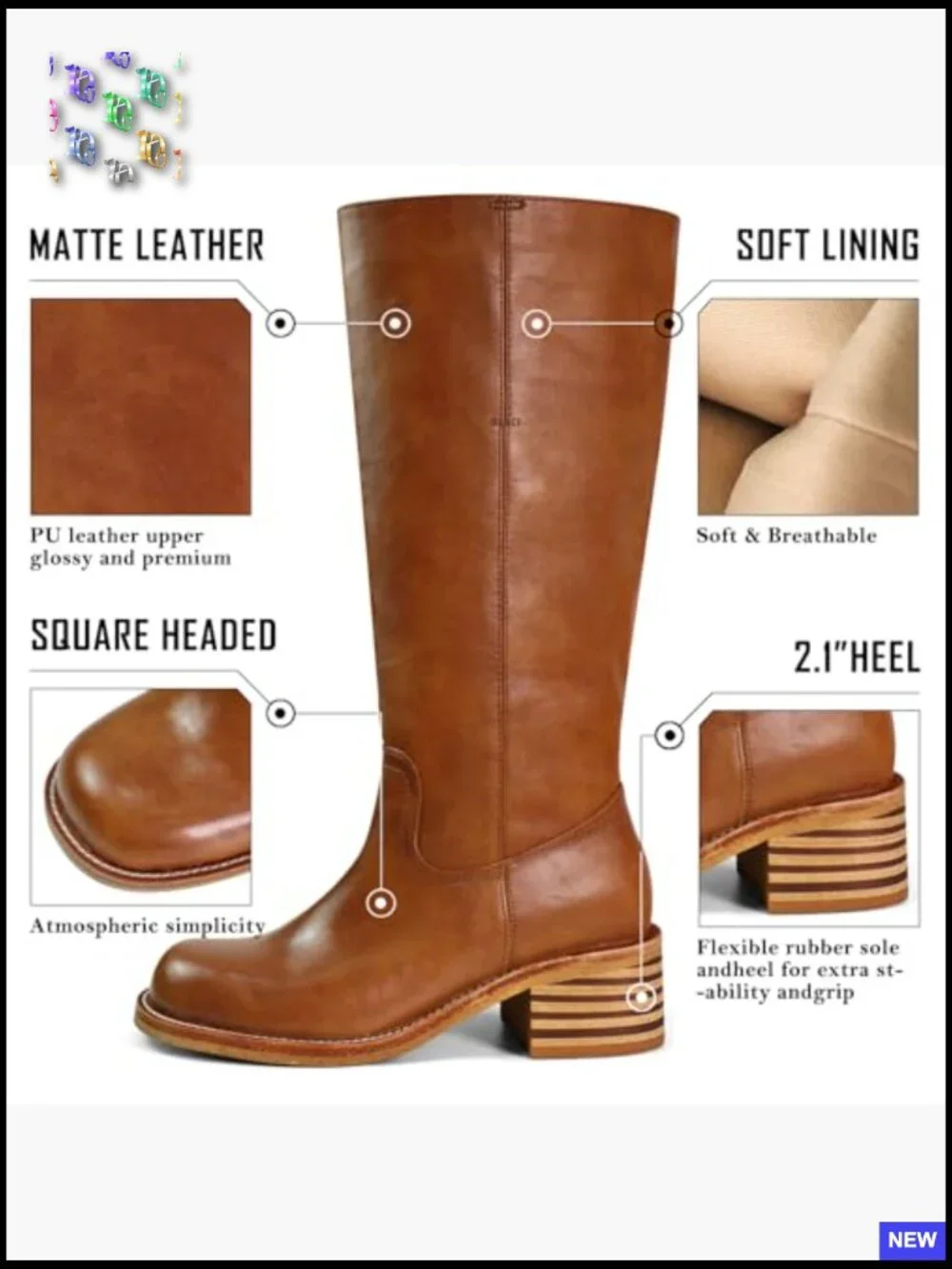 Knee High Block Heel Square Toe Boots Comfortable Low Heel Chic Winter Pull On - Picture 4 of 7